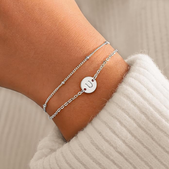 MONOZO Gold Bracelets for Women Girls Valentines Day Gifts, Dainty 18K Gold Plated Disc Monogram Letter A-Z Initial Bracelets for Women Trendy Personalized Letter Bracelet Valentines Day Gifts for Her