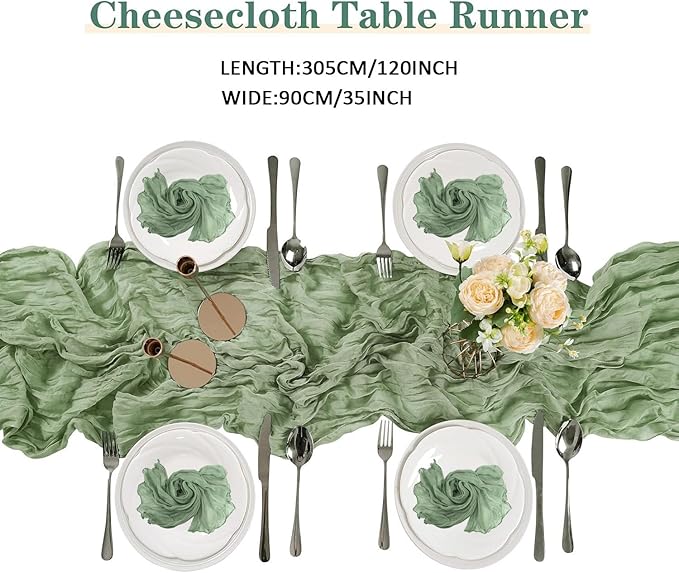 10PCS Sage Green Cheesecloth Table Runner 10ft Boho Gauze Fabric Cheese Cloth Table Runner Comes with 10 Cloth Napkins Runner for Romantic Wedding Birthday Shower Party Table Decoration