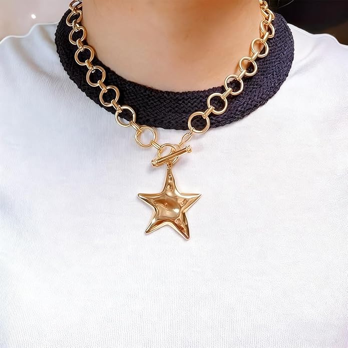 Large Star Necklace Chunky Gold Necklace for Women Trendy Silver Big Statement Necklaces Bold Thick Paperclip Necklaces OT Toggle Chunky Jewelry Holiday Christmas Jewelry Gifts Stocking Stuffers