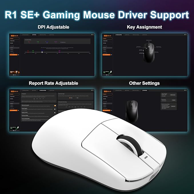 R1 SE+ Wireless Gaming Mouse, 18000 DPI, High-Precision PAW3395 SE Sensor,55g Lightweight,Three Connection Modes Mouse, Programmable Ergonomic Mice Suitable for Laptops/PC/Mac (White)