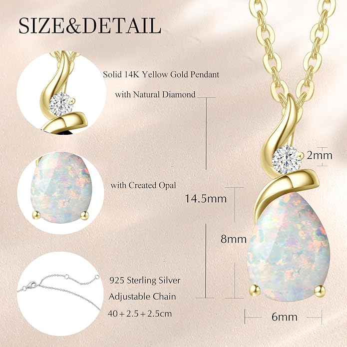 FANCIME 14K Solid Yellow Gold Birthstone Pendant Necklace for Women with Diamond Pear Shaped Teardrop Necklace Birthday Gifts for Mom Women Sterling Silver Chain 16" + 2" Extender