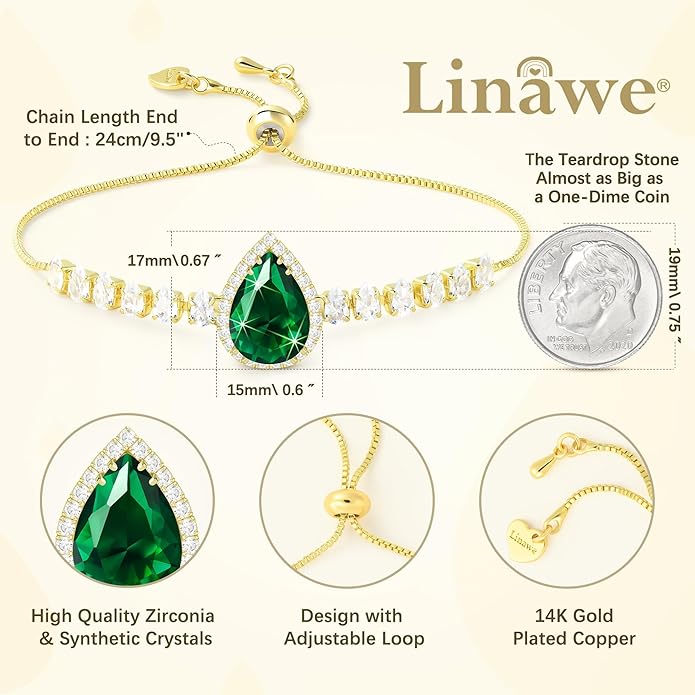 Linawe Crystal Imitation Diamond Rhinestone Charm Bracelets for Women, Gold/Silver/Rose Gold Adjustable Chain Bracelet, Teardrop Birthstone Cubic Zirconia Prom Costume Wedding Jewelry