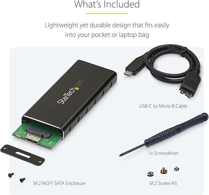 StarTech.com M.2 SSD Enclosure for M.2 SATA SSDs - USB 3.1 (10Gbps) with USB-C Cable - External Enclosure for USB-C Host - Aluminum, TAA (SM21BMU31C3)