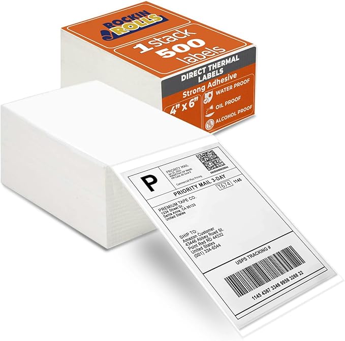 Rockin Rolls Direct Thermal Shipping Labels - Pack of 500-4x6 Thermal Labels Fanfold, Thick, Commercial Grade, Waterproof, Smudge Proof Mailing & Address Labels, Perforated & Strong Adhesive