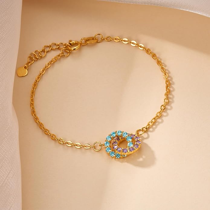 Custom Birthstone Bracelet for Women Sterling Silver Personalized Interlocking 2 Circles Charm Bracelets for Lover Christmas Valentine's Day Jewelry Gifts for BFF