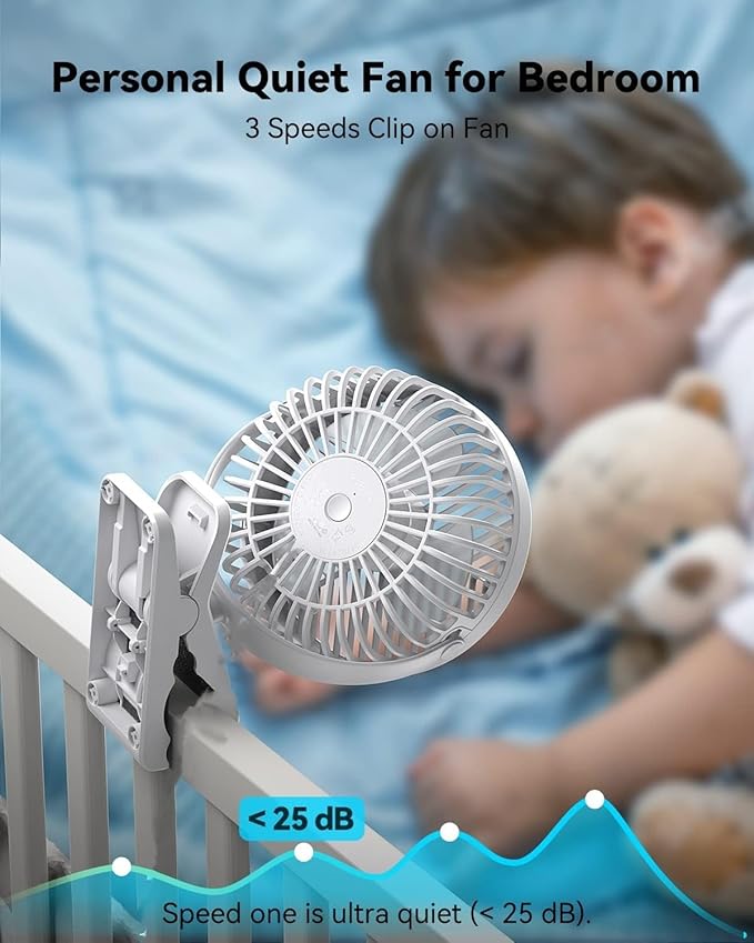 Portable Clip-on Fan 10000mAh Rechargeable Battery Powered – 3-Speed Quiet Desk & Clamp Fan for Stroller, Camping, Office & Bedroom – 360° Rotation-1PACK-White