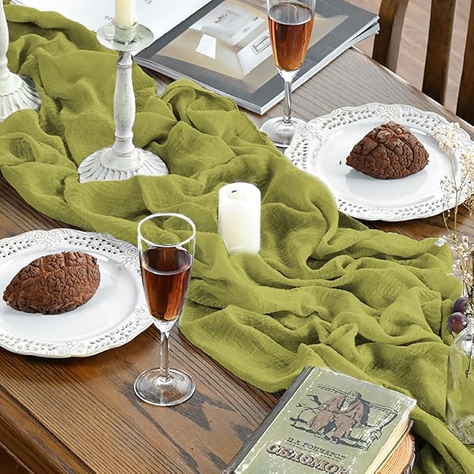Artoid Mode Boho Cheesecloth Gauze Grass Green Wedding Table Runner, 120 Inch Seasonal Spring Fabric Kitchen Dining Holiday Table Decor for Home Party Indoor