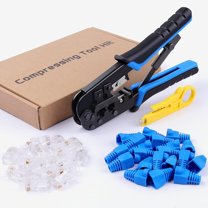 Delgada RJ45 Ethernet Crimping Tool kit,4in1 Professional Cutter Stripper Network Crimper for RJ-11,6P/RJ-12,8P/RJ-45 Crimp,with 20pcs Cat5 Cat5e RJ-45 Connectors-20PCS Covers-1 Network Wire Stripper