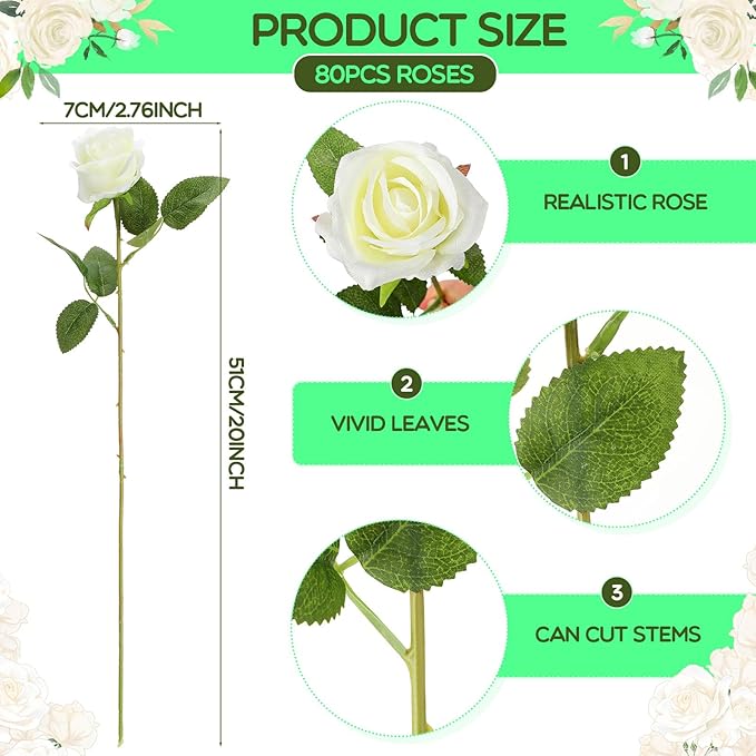 Hotop 80 Pcs Rose Artificial Flowers Bulk with Long Stem, Silk Roses Realistic Fake Flowers Bouquet for Wedding Table Centerpieces Bridal Shower Party Home Decorations(White)