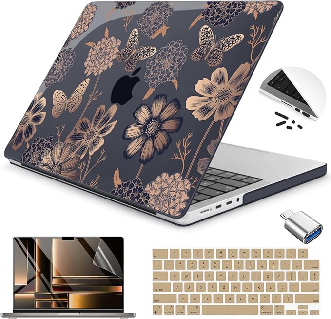 Teryeefi Case for for MacBook Pro 14 Inch M4 M3 M2 M1 (2021 2023 2024 Released) with Keyboard Cover & Screen Protector & OTG Adapter, Flower & Butterfly