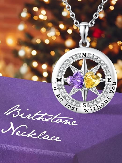 Compass Necklace for Women, Exquisite S925 Valentines Day Anniversary Birthday Gifts for Wife Her Double Birthstone Pendant Jewelry ‘I'd be Lost Without You’