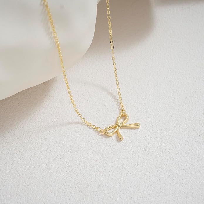 Valentines Day Gifts for Her - Dainty Bow Necklace for Women 14K Gold Plated Cute Choker Small Pendant Charm Necklaces Teen Gift Trendy Stuff Personalized Jewelry