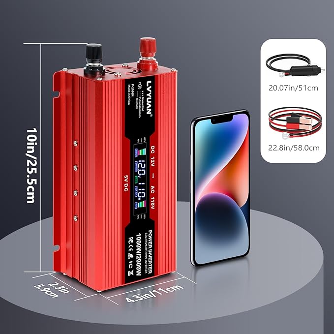 LVYUAN 1000W Car Power Inverter 12V to 110V / 120V DC to AC with 2 US Sockets, Cigarette Lighter, LCD Display, USB Ports for Car, Home, Outdoor, Camping