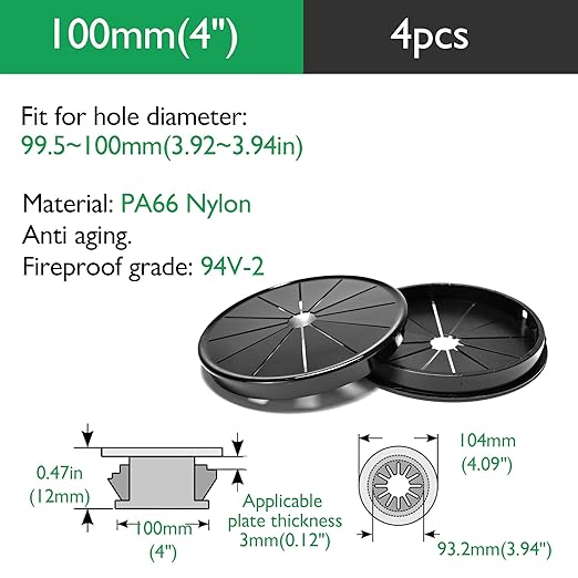 4PCS Cable Grommets, 4" (100mm) Desk Hole Cover Petal Shaped Buckle Type Nylon Snap Bushing Grommet, Wire Hole Cover Insert for Cables and Cords Management and Protection of Cabinet, Black