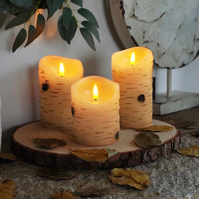 Homemory Birch Flameless Candles, LED Pillar Candles, Battery Operated Candles with Timer and Remote Control, D3 H4 5" 6", Wax, Set of 3