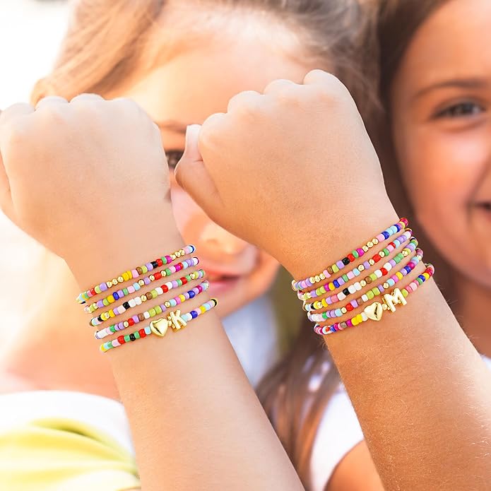 M MOOHAM Valentines Gifts for Kids - 5PCS Colorful Beaded Initial Bracelets for Girls Women Cute Stretch Heart Letter Bracelet Initial Stackable Bracelet Birthday Gift Jewelry for Kids Teen Girl