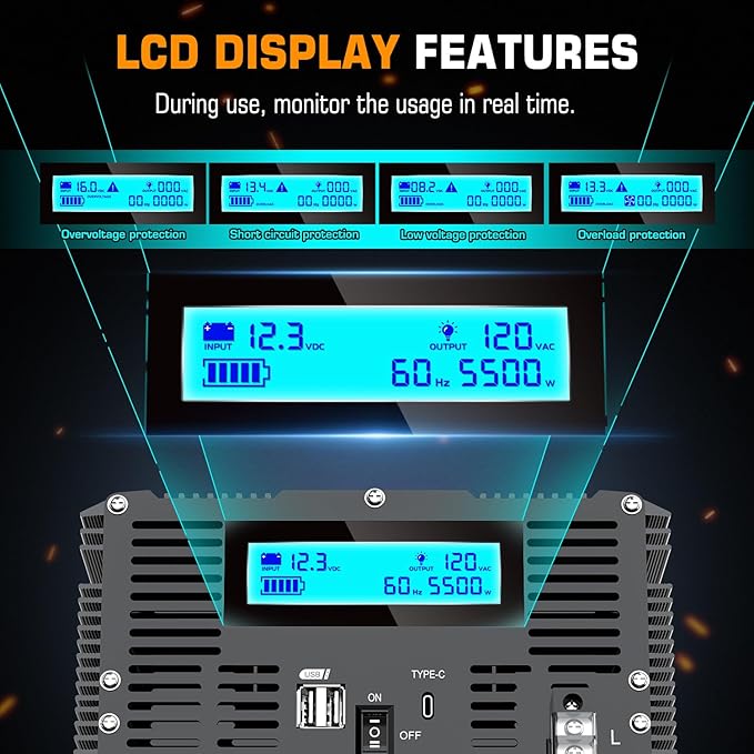 5500 Watt Power Inverter 12V DC to 110V 120V Converter for Family RV Off Grid Solar System Car with Type-C Ports 3 AC Power Outlets Dual USB Ports LCD Display Wireless Remote Control