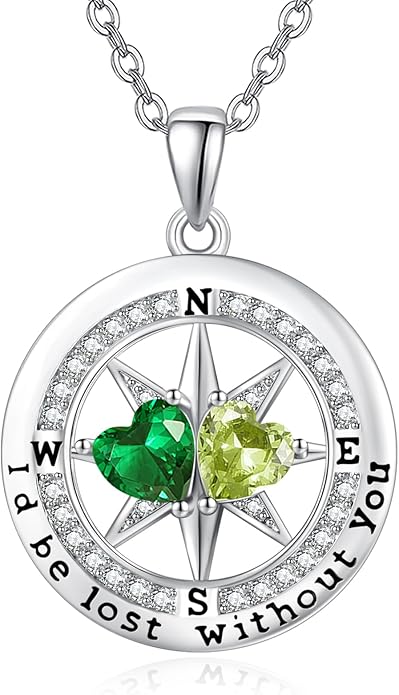 Compass Necklace for Women, Exquisite S925 Valentines Day Anniversary Birthday Gifts for Wife Her Double Birthstone Pendant Jewelry ‘I'd be Lost Without You’