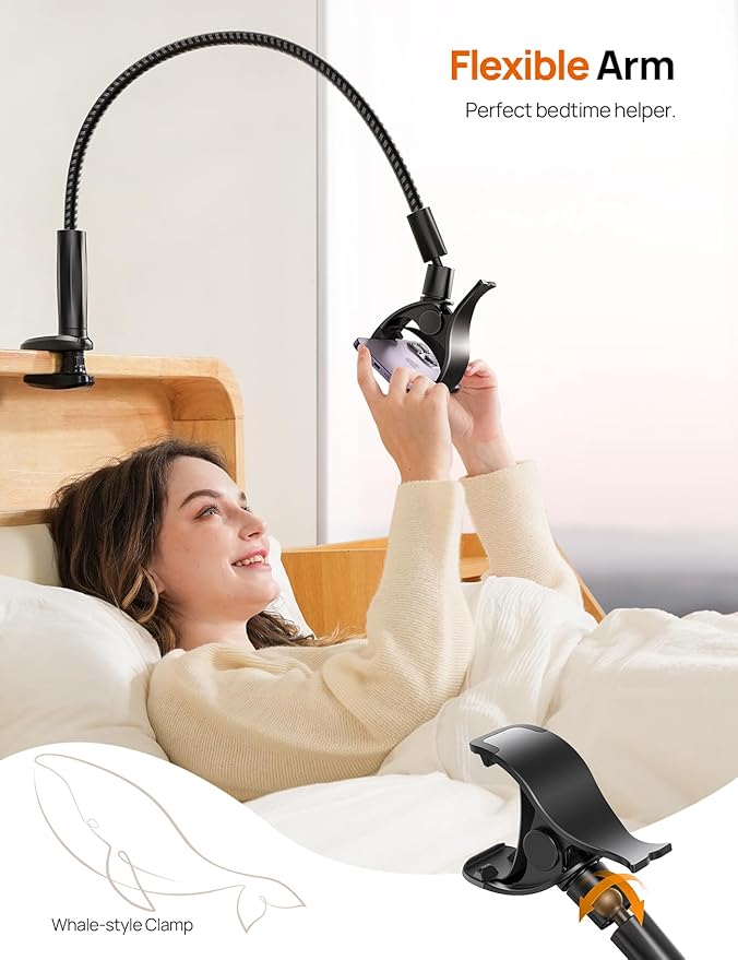 Gooseneck Phone Holder for Bed - [2025 Upgrade Nylon Braid] 38” Long Flexible Lazy Arm Clip, 360 Adjustable Overhead Phone Mount for iPhone 15 14 13 12 11 Pro Max Mini Plus, all 4-7" Cellphone
