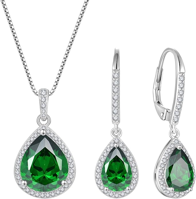 FJ Teardrop Jewelry Set for Women 925 Sterling Silver Emerald Necklace and Earrings Set Pear Cut May Birthstone Jewelry Gifts