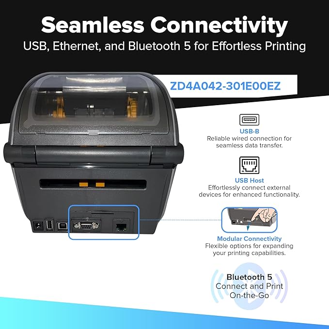 Zebra ZD421 Thermal Transfer Desktop Printer 203 dpi Print Width 4-inch USB Ethernet ZD4A042-301E00EZ | Includes Jetset Software