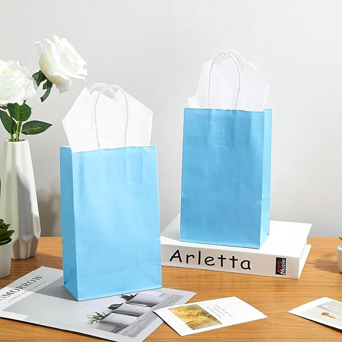 DjinnGlory 100 Pack Small Sized Blue Paper Bags with Handles Bulk for Merchandises, Christmas Gifts, Baby Blue Party Goodie Bags for Birthdays, Baby Showers, Weddings, 9x5.5x3.15 Inch