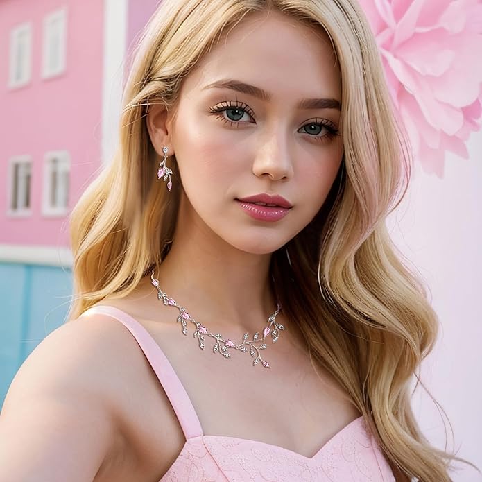 EVER FAITH Wedding Jewelry for Bride Women Bridesmaid, Sparkly Cubic Zirconia Pear-Shaped Birthstone Leaf Necklace Earrings Set for Prom