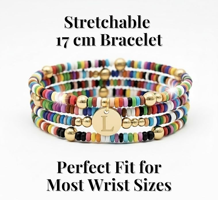 Set of 4 Colorful Bead Initial Bracelets, Personalized Stackable Jewelry, Adjustable Stretchy Charm Bracelets for Women, Beaded Bracelet Set, Trendy Custom Jewelry Gift