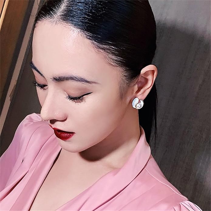 Pearl Stud Earrings for Women Stainless Steel Unique Statement Small Pearl Enamel Button Statement Vintage Earring Jewelry