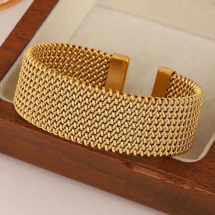 hotoo Gold Open Cuff Bangles Wide Woven Bracelets For Women Stainless Steel Stackable Jewelry For Xmas Birthday Gifts