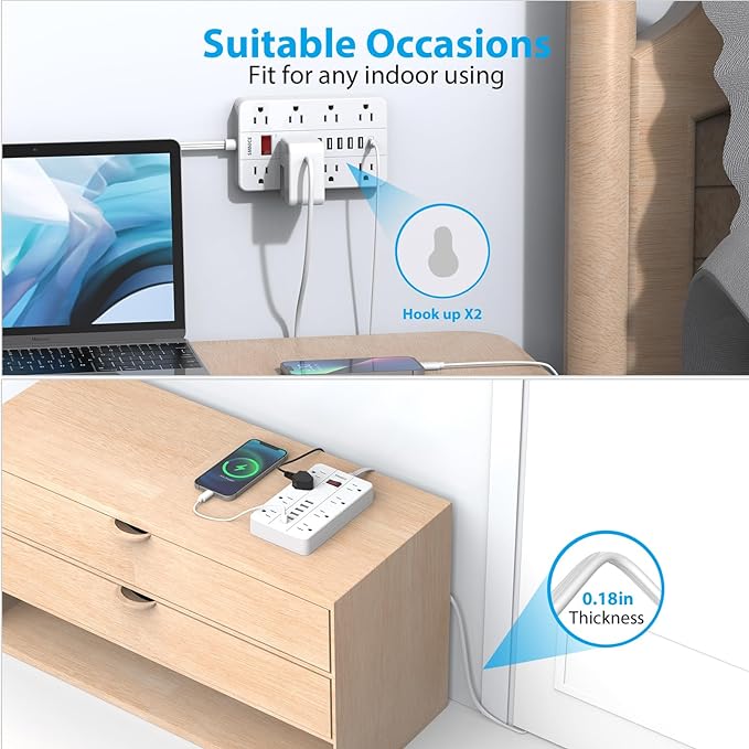 Power Strip with USB,Surge Protector Flat Plug with 8 Widely Spaced Outlets and 6 USB Ports(1 USB C), 5ft Extension Cord Wall Mountable Phone Tablet Laptop Computer Multiple Devices