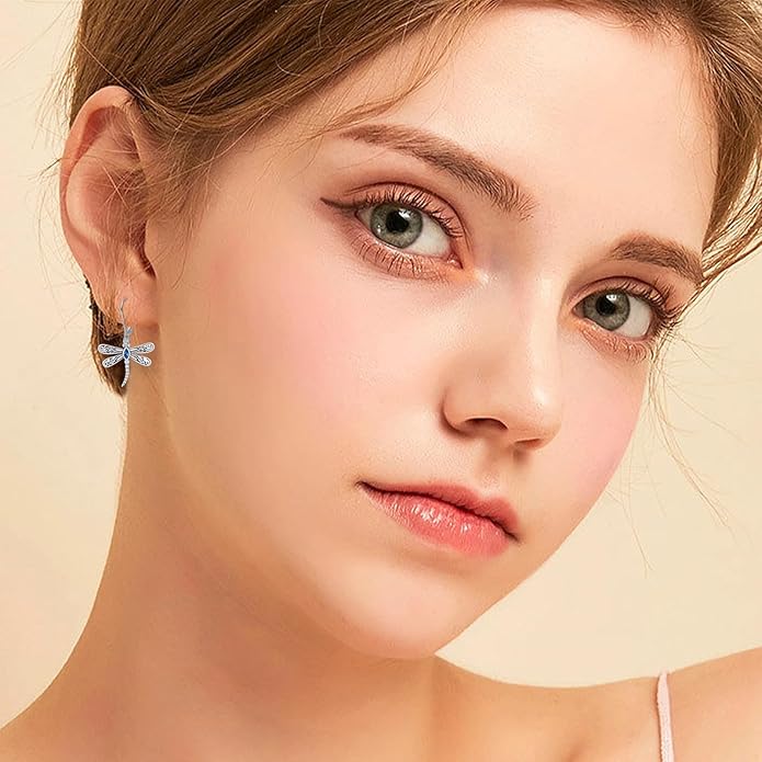 ONEFINITY Dragonfly Earrings 925 Sterling Silver Moonstone Leverback Dragonfly Dangle Drop Earrings Women Jewelry Gifts