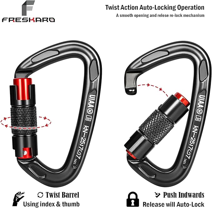 FresKaro UIAA Certified 25KN Auto Locking Climbing Carabiner Clips, Twist Lock, and Heavy Duty Carabiners for Rock Climbing, Rappelling, and Mountaineering, D Shaped