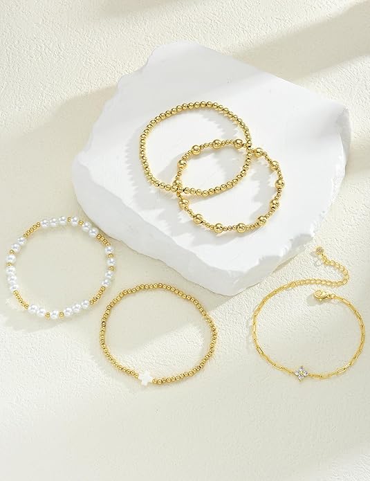 Valentines Day Gifts for Her Teen Wife Gold Beaded Bracelets for Women, 5 Pcs Dainty 14K Gold Plated Chunky Stretch Bead Ball Bracelet Stack