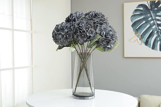 Kimura's Cabin 2Bouquets Fake Flowers Vintage Artificial Silk Hydrangea Flowers Bouquets 10Heads for Indoor Home Table Centerpieces Wedding Halloween Party Decoration (Dusty Black Blue, Pack of 2)