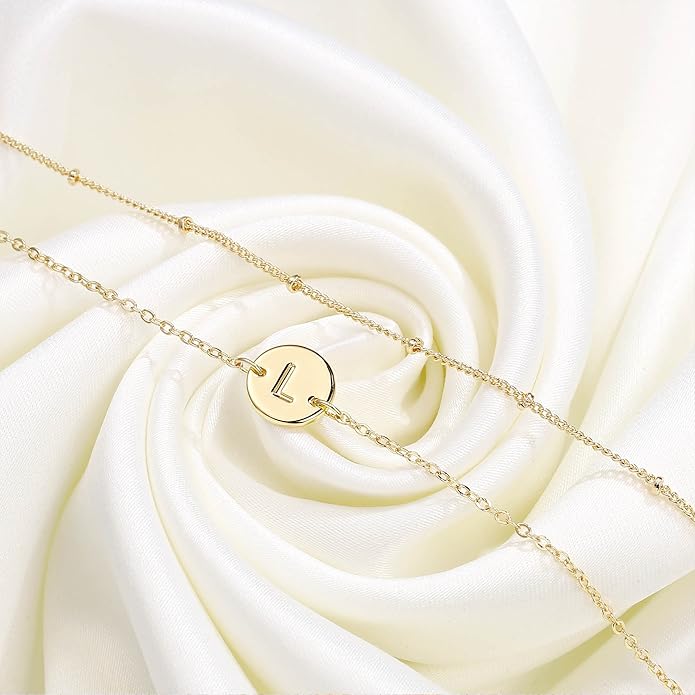 MONOZO Gold Initial Bracelets for Women Girls Valentines Day Gifts - Dainty 14K Gold Plated Layered Beaded Letter Initial Bracelet 26 Alphabet Disc Monogram Charm Bracelet Valentines Day Gifts for Her