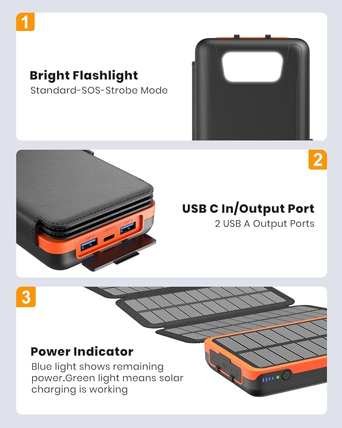 Hiluckey Solar Charger Power Bank 27000mAh - 22.5W Fast Charging Portable Phone Charger with 4 Solar Panels - USB C PD External Battery Pack with 3 USB Outputs for Cellphone Tablet