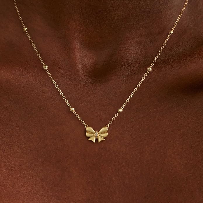 Valentines Day Gifts for Her - Dainty Bow Necklace for Women 14K Gold Plated Cute Choker Small Pendant Charm Necklaces Teen Gift Trendy Stuff Personalized Jewelry