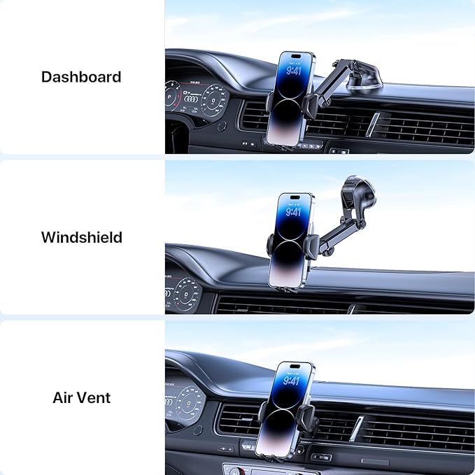 Miracase Phone Holders for Your Car, [Thick Case & Heavy Phone Friendly] Universal Cell Phone Car Mount, 3-in-1 Phone Mount for Car Dashboard Windshield Air Vent Fit for All Smartphones