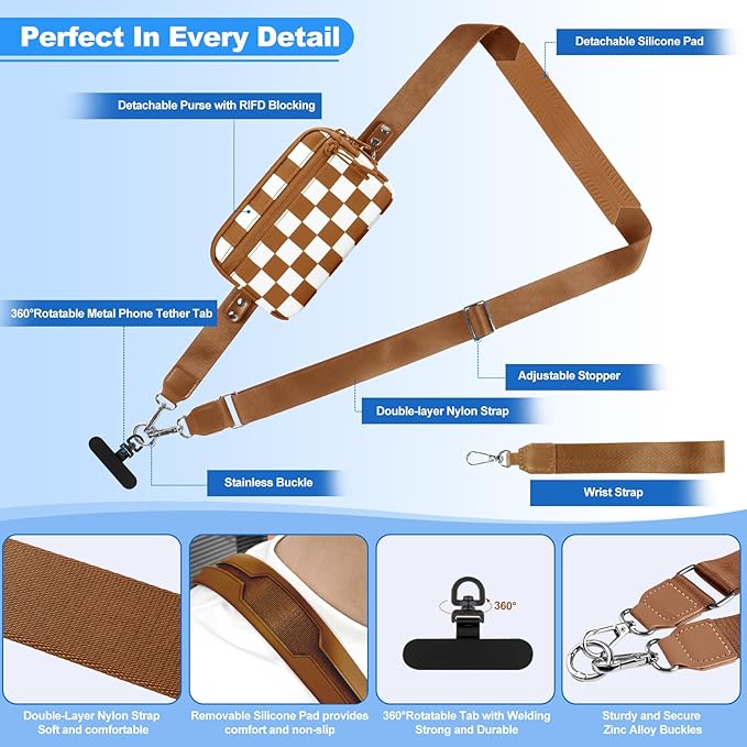 Clip and Go Strap for Phone with Wallet Crossbody, Adjustable Phone Lanyard with Detachable RFID Wristlet Wallet, Phone Strap with Phone Tabs for All Phones, Bronze Checkered (L)