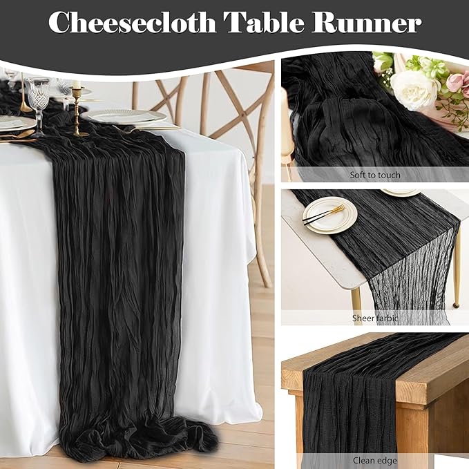 2 Pack 10 Ft Cheesecloth Table Runner Black Gauze Long Table Runners Boho Gauze Cheese Cloth Table Runner Rustic Sheer Runner for Wedding Party Table Decor ( 35 x 120 Inch )