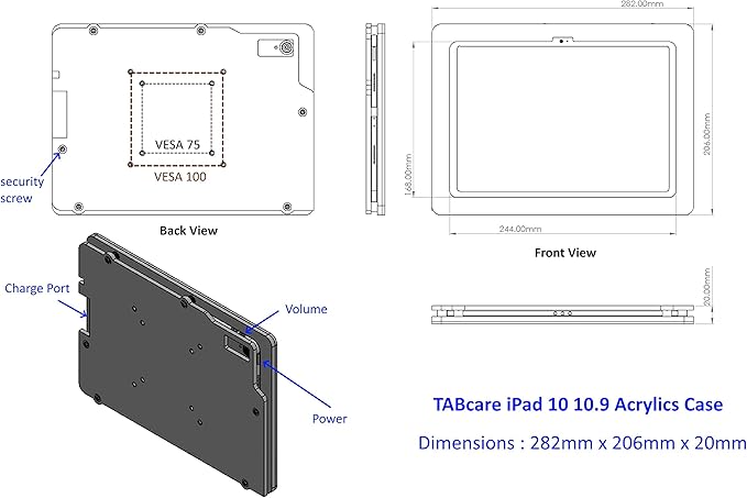 TABcare Anti-Theft Acrylic VESA Enclosure Made for Apple iPad 10 10.9" 2022, iPad 11 11" 2025 with Low Profile Wall Mount Kit & 90-Degree Angle USB C Charge Cable (Black)