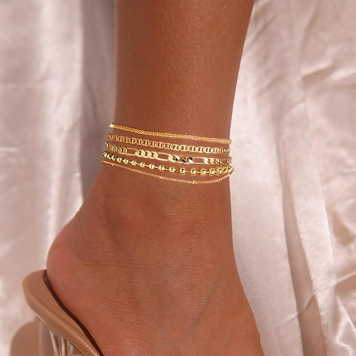 Gold Ankle Bracelets for Women,14k Gold Plated Anklets Waterproof Cuban Link Tennis Herringbone Beaded Chain Anklets Set Layered Anklet Bracelets for Women Adjustable Summer Beach Jewelry 5pcs