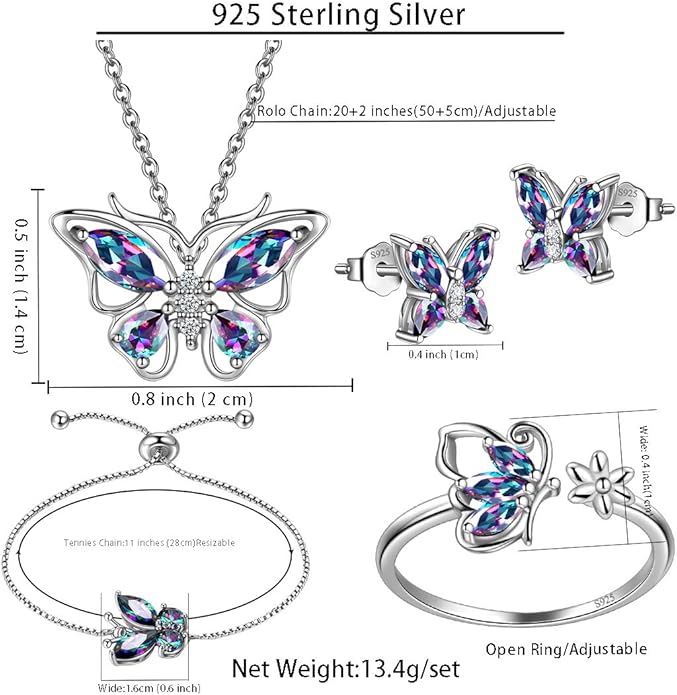 925 Sterling Silver Birthstone Butterfly Jewelry Women Crystal Animal Cute Butterflies Birthday Necklace/Earring/Ring/Bracelet Sets Birth Stone Statement Anniversary Jewellery