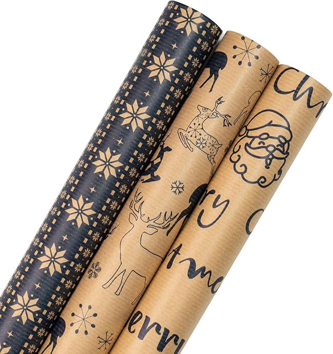 RUSPEPA Christmas Wrapping Paper Rolls - Mini Roll - 17 inches x 10 feet per Roll, Total of 3 Rolls - Reindeer and Snowflake