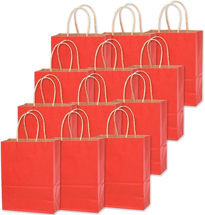 qiqee Large Kraft Paper Bags with Handles 13"x10"x5" 32 pcs Gift Paper Bag Red Solid Color Bags（Large Size）