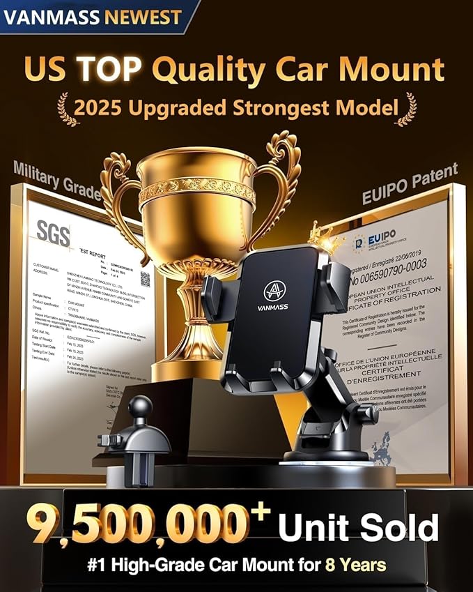 [True Anti-Vibration] Car Phone Holder VANMASS【2025 Ultimate Military-Grade Upgraded】Suction Cell Mount Truck Stand Cradle for Dashboard Windshield Vent for iPhone 16 Pro Max 15 14 13 Samsung Android