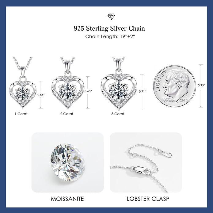MOOSEA Valentines Day Gifts for Her - 925 Sterling Silver Heart Moissanite Pendant Necklace 1-3 Carat VVS1 Clarity Moissanite, Anniversary Birthday Gift for Women Mom Wife Girlfriend