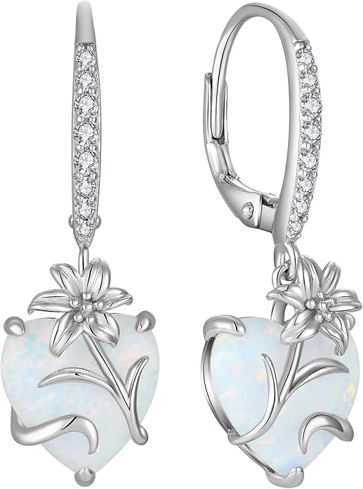 YL Heart Dangle Earrings for Women Sterling Silver Lily Flower Leverback Earrings Created Opal Flower Jewelry