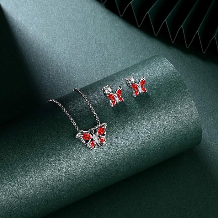 925 Sterling Silver Birthstone Butterfly Jewelry Women Crystal Animal Cute Butterflies Birthday Necklace/Earring/Ring/Bracelet Sets Birth Stone Statement Anniversary Jewellery